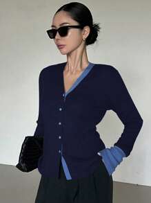 DAZY Women's Color-Block Trim Button-Up V-Neck Cardigan Sweater - Navy Blue - View 2