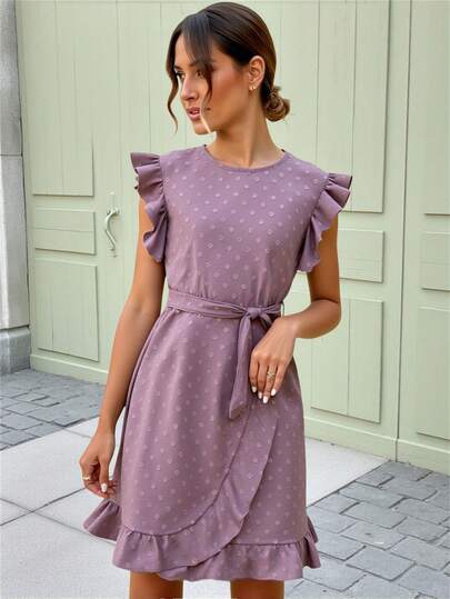 Mother-Daughter Matching Jacquard Weave Short Sleeve Mini Dress, Elegant Fashion Solid Color Summer Dress With Ruffle Hem And Elasticated Waist For Women