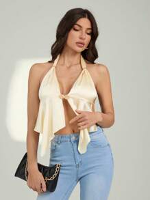 SHEIN Tall Halter Metal Buckle Decor Satin Tie-Up Fashionable Going Out Party Sexy Champagne Women Camisole