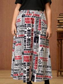 HARRY POTTER X SHEIN Plus Size Casual Newspapers Print Elastic Waist Skirt Summer For Women/ Summer / Summer / European Summer Elegant Casual Skirts Old Money Style Women/Old Money Club Women Sexy Easter / Easter Skirt Women/ Easter Women Skirt Classy Elegant