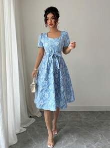 Elenzga Đầm midi thiết kế ôm sát tinh tế, tay ngắn, chất liệu vải jacquard màu xanh lam thanh lịch dành cho nữ - Màu xanh lam - Xem 4