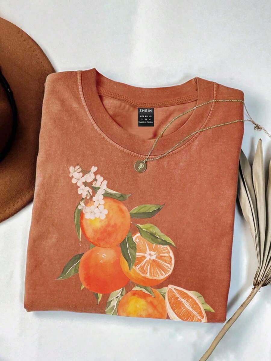 INAWLY Orange Flower Print T-Shirt, Casual Round Neck Short Sleeve Blouse, Summer Fashion Fresh And Clean - Brown - View 1