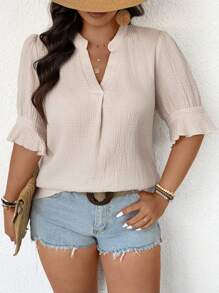 SHEIN Frenchy Plus Size Women V-Neck Loose Casual Apricot Ruffle Splice Shirt, Summer Holiday - Apricot - View 3