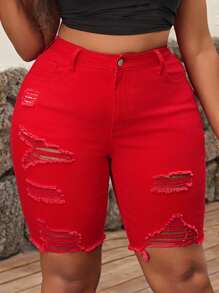 SHEIN SXY Pantaloni scurți din blugi versatili, cu dimensiuni plus, ținute de vară pentru femei, pantaloni scurți roșii, ținute scurte pentru femei, ținute de vară pentru femei, ținute de festival, ținute elegante de vacanță, pantaloni scurți de motociclist pentru femei, haine de vară pentru femei, pantaloni scurți de jeans pentru femei