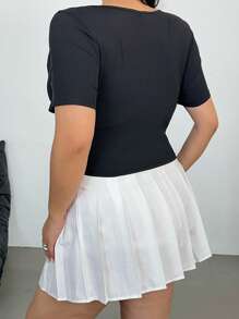 POPSWAY Plus Size Deep V-Neck Tie-Dye Graphic Print Drawstring T-Shirt - Black - View 2