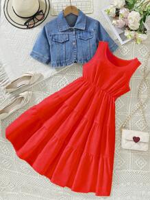 2pcs Tween Girl Casual Denim Jacket And White Dress Set - Red - View 1