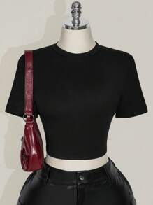 SHEIN ICON Plus Size Women Solid Color Short Sleeve Chinese Dragon Net Mesh Backless Y2K Going Out Fall Graphics Woman Black T-Shirt Goth Goth - Black - View 2