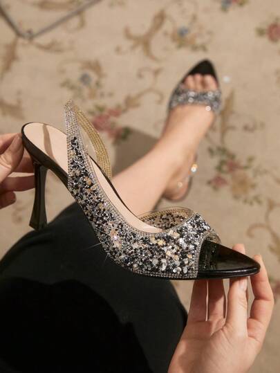 CUCCOO TILAWA 女士闪亮尖头细高跟鞋，适合派对/夜店的优雅高跟鞋，夏季新品