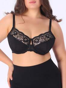 SHEIN 1pc Women Plus Size Lace Patchwork Underwire Bra - Black - View 5