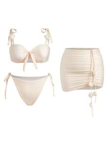 Swim Mod Plus Size Women 3pcs Set Solid Color Sweet Cute Apricot Strappy Flower Decor Bikini Crop Top, Drawstring Tie-Up Mini Skirt, Beach Holiday Swimwear, For Summer Vacation