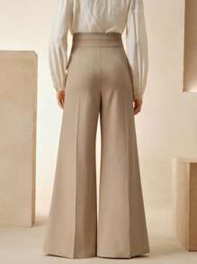 Anewsta 优雅都市时尚高腰喇叭双扣西装裤，适合女士商务休闲装、正装、春夏装 - 卡其色 - 查看 2