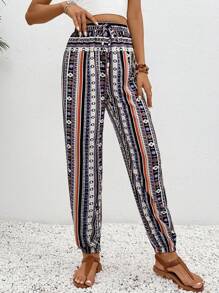 SHEIN LUNE Geometric Print Drawstring Loose Fit Casual Pants - Mauve Purple - View 4