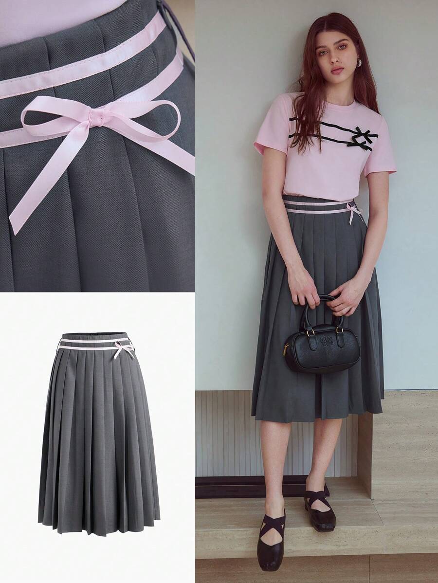 MOTF STUDIO 蝴蝶结细节百褶裙 - 灰色 - 查看 1
