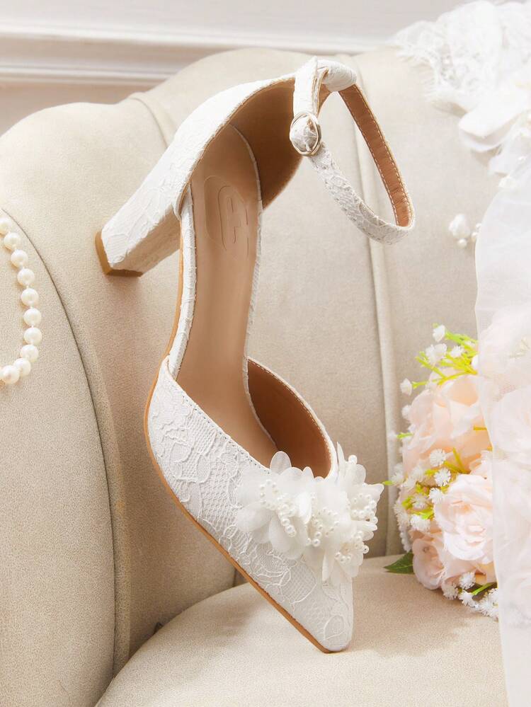 CUCCOO HITCHD Women's Pointed Toe Block Heel Faux Pearl & 3D Floral Lace White High Heels Pumps For Party, Wedding For Christmas Elegant Shoes Wedding Shoes Summer Shoes Bride Shoes