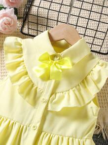 SHEIN 少女開學季通勤休閒學院風荷葉邊無袖洋裝，度假、夏季、旅行 - 黃色 - 查看 8