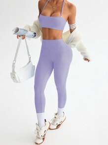 Easithlete Women Solid Color Cropped Tank Top And Leggings Sports Suit - Purple - View 1