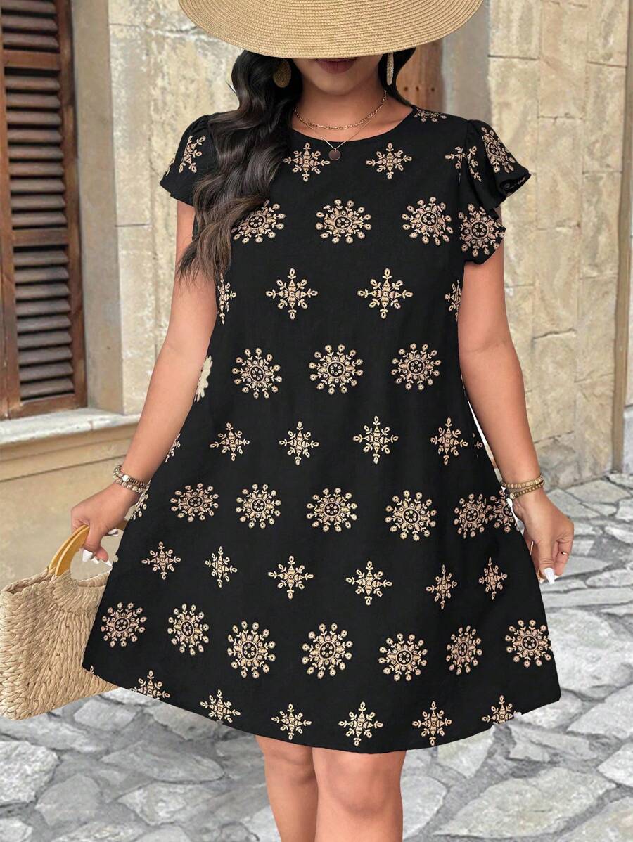 Breezaya 大码女式休闲宽松圆领荷叶边袖 A 字形连衣裙，适合度假