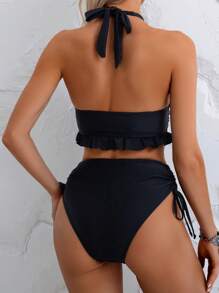 Swim Basics Women's Black Spaghetti Strap Top With Ruffle Hem, Side Drawstring Triangle Bottom Bikini Set For Summer Beach Vacation - Black - View 2