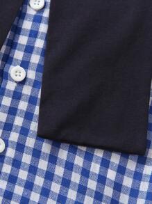 SHEIN 2 件套年轻男孩蓝白条纹领长袖休闲衬衫和蓝色针织围巾，适合春秋季外出 - 藍色 - 查看 5