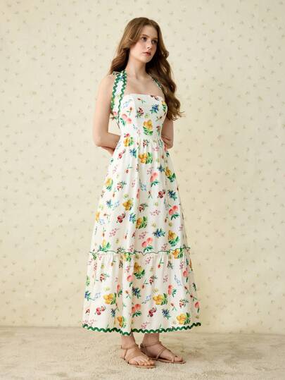 SHEIN MOD Vestido holgado de mujer con estampado de frutas y flores, corte halter, para vacaciones