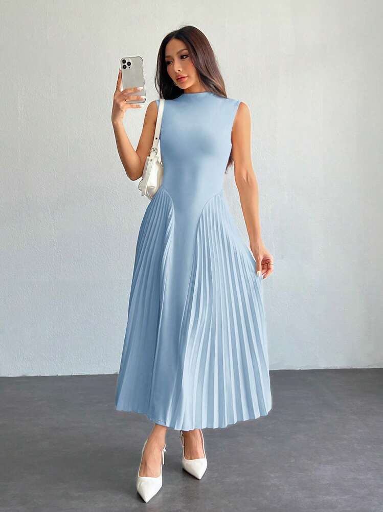 SHEIN PETITE Vestido Feminino Elegante de Corte Ajustado Plissado em Silhueta A - Azul bebê - Visão 4