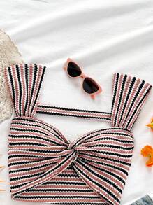 Soleia Women's Vacation Knitted Striped Front Twist Cropped Top - Multicolor - View 7