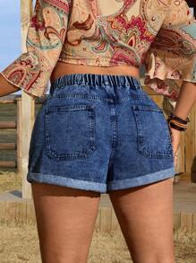 EMERY ROSE Versatile Casual Cuffed Non-Stretch Denim Shorts - Dark Wash - View 2
