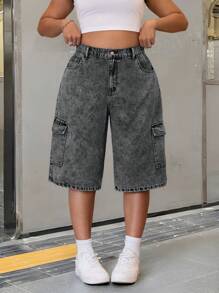 SHEIN ICON Jeans cargo lavati blu con tasche grandi e taglio morbido dritto