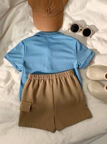 SHEIN 2 件套男婴舒适休闲可爱学院风熊刺绣 Polo 衫和短裤套装，适合室内、户外、日常、运动、派对、摄影、度假、节日、春夏季 - 藍色 - 查看 2