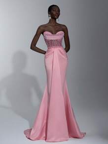 Elitara 优雅奢华白色仿珍珠性感修身美人鱼长裙，适合婚礼、正式活动和派对、女士、新娘 - 淺粉色 - 查看 6