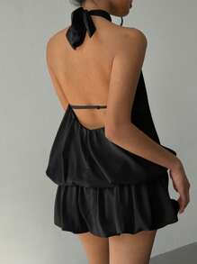 Aloruh Vestido corto de verano para mujer, de cuello de halter, espalda descubierta y diseño sólido sexy - Negro - Ver 3