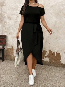 EMERY ROSE Plus Size Women Asymmetric Neck With Waist Belt Bowknot Cold Shoulder Short Sleeve Dress, Asymmetric Hem Casual Dress, Black Summer Long Dress