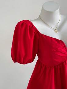 Elamini Pleated Deep V-Neck Red Casual Elegant Women Blouse - Red - View 4