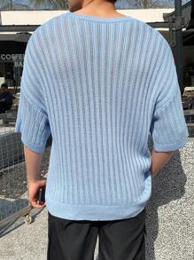 Manfinity CasualKnits Men's Solid Color Knitted Crew Neck Short Sleeve Top, Fashionable For Summer - Blue - View 2