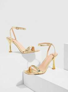 CUCCOO SZL Fashionable Light Gold Simple Buckle Design High Heel Square Toe Sandals For Work, Dating, Party For Christmas Spring Shoes Prom Heels Summer Shoes - Gold - View 7