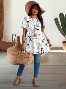 EMERY ROSE Plus Size Women's Country Concert Clothing Crew Neck Regular Shoulder Short Sleeve Long Tunic Top For Summer, Bohemian Style Women's Clothing, Women's Summer Clothing - Multicolor - View 5