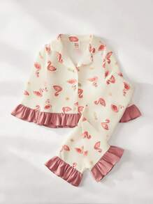 Cozy Pixies 2pcs Baby Girl Ballet Girl Pattern Contrast Color Lapel Ruffle Trim Long Sleeve Cardigan And Elastic Waist Pants Set - Multicolor - View 3