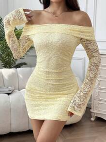 SHEIN EZwear Đầm ngắn thanh lịch dài tay một bên vai phối ren hoa cho nữ - Màu be - Xem 5