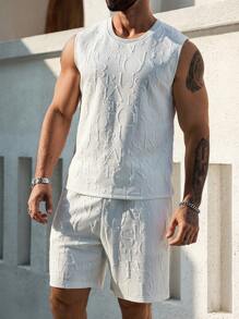 Manfinity Homme Herren INS Lässig einfarbig Mode Englisch Buchstaben geprägte Struktur Stoff Rundhals Tanktop und elastischer Taillenzug Shorts Set, Herren Modebekleidung, Herren Shorts Bekleidung, geeignet für Frühling und Sommer, Ausgehen, Urlaub, Lässig, Strand, Treffen mit Freunden. Kann als Geschenk für Familie, Freund, Ehemann, Vater, Freunde gegeben werden. Herren 2-teiliges Outfit Sommer Zwei-Teiler Sommer Set Herren - Weiss - Übersicht 3