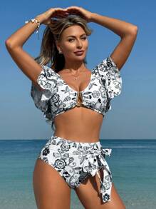 Swim Lushoire 1 Set Women Short Sleeve Swimsuit & Triangle Swim Bottoms, Fashionable For Summer - Black and White - View 3