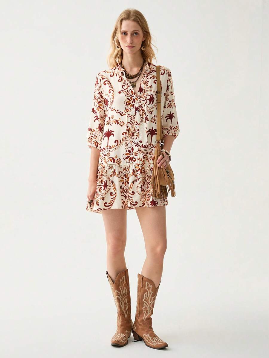 Florisole Women's Boho Mini Dress With Three Quarter Sleeves And Ruffle Hem Detail