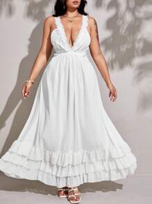 Flirla Große Größen Damen Urlaub V-Ausschnitt Spitzen Patchwork Ausgeschnittene Taille Rock Mehrstufiges Rüschen Chiffon Kleid - Aprikosenfarben - Übersicht 5