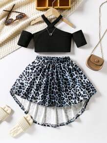 SHEIN Young Girls Sets Structured Short-Sleeved Top With Leopard Print Skirt - Black - View 1