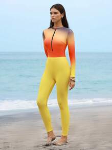 Swim Shayni 4pcs/Set Women Random Print Round Neck Long Sleeve Romper, Elastic Waist Long Swimming Shorts, Skirt And Hat For Summer Beach Vacation - Multicolor - View 5