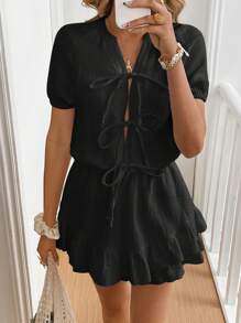 SHEIN Frenchy Mono con cintura anudada, dobladillo con volantes y unicolor minimalista para mujer, de verano