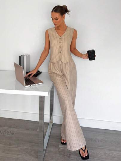 Siren Gaze Women's Striped Print V-Neck Sleeveless Button Front Top And Long Pants Business Suit Summer Casual