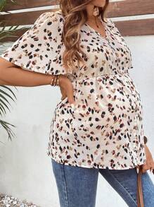 SHEIN Maternity Fully Allover Print V-Neck Ruffle Short Sleeve Stylish Shirt - Multicolor - View 6