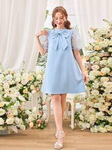 Teen Girl Round Neck Bow Decor Puff Sleeve Mesh Splice Luxurious Party Dress