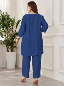 Lacomfia Bộ 2 món áo thun trơn màu đơn giản thường ngày cỡ lớn và quần - Màu xanh lam - Xem 2