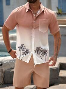 Manfinity RSRT Set di camicia a maniche corte e pantaloncini casual da uomo con stampa di palme, adatto per vacanze